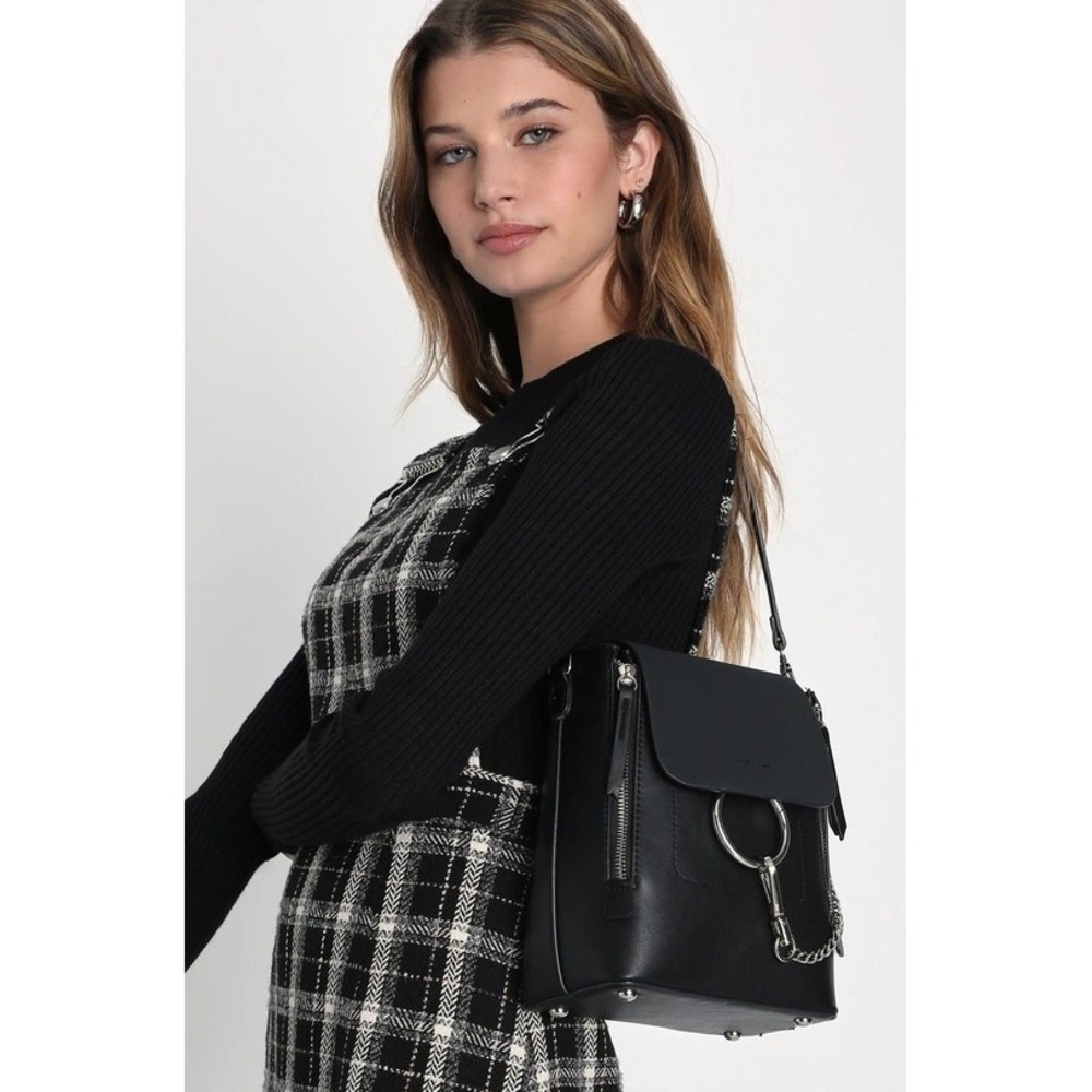 Lulus Black Vegan Leather Backpack Chain‎ Bag Minimalist Streetwear Chic